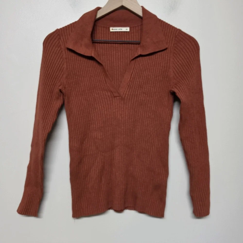 Marine Layer Lexi Polo Sweater Ribbed Knit Rust Brown Orange Long Sleeve Size XS